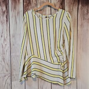 Ophelia Roe Vertical Striped Yellow and Black Asymmetrical Blouse Womens Large
